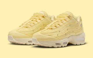 Nike Air Max 95 in a "Soft Yellow/Alabaster/Metallic Silver" color scheme.