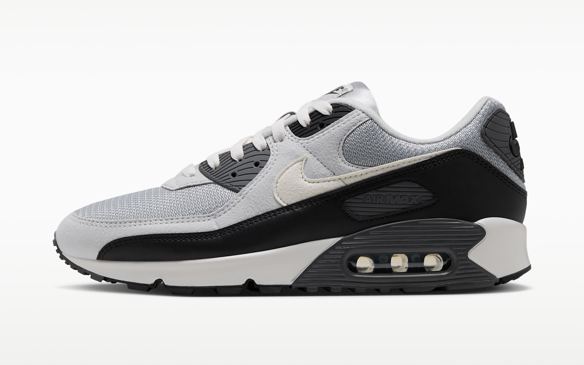 Men's Nike Air Max 90 in a "Light Smoke Grey/Iron Grey/Photon Dust/Sail" color scheme.