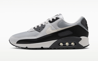 Men's Nike Air Max 90 in a "Light Smoke Grey/Iron Grey/Photon Dust/Sail" color scheme.