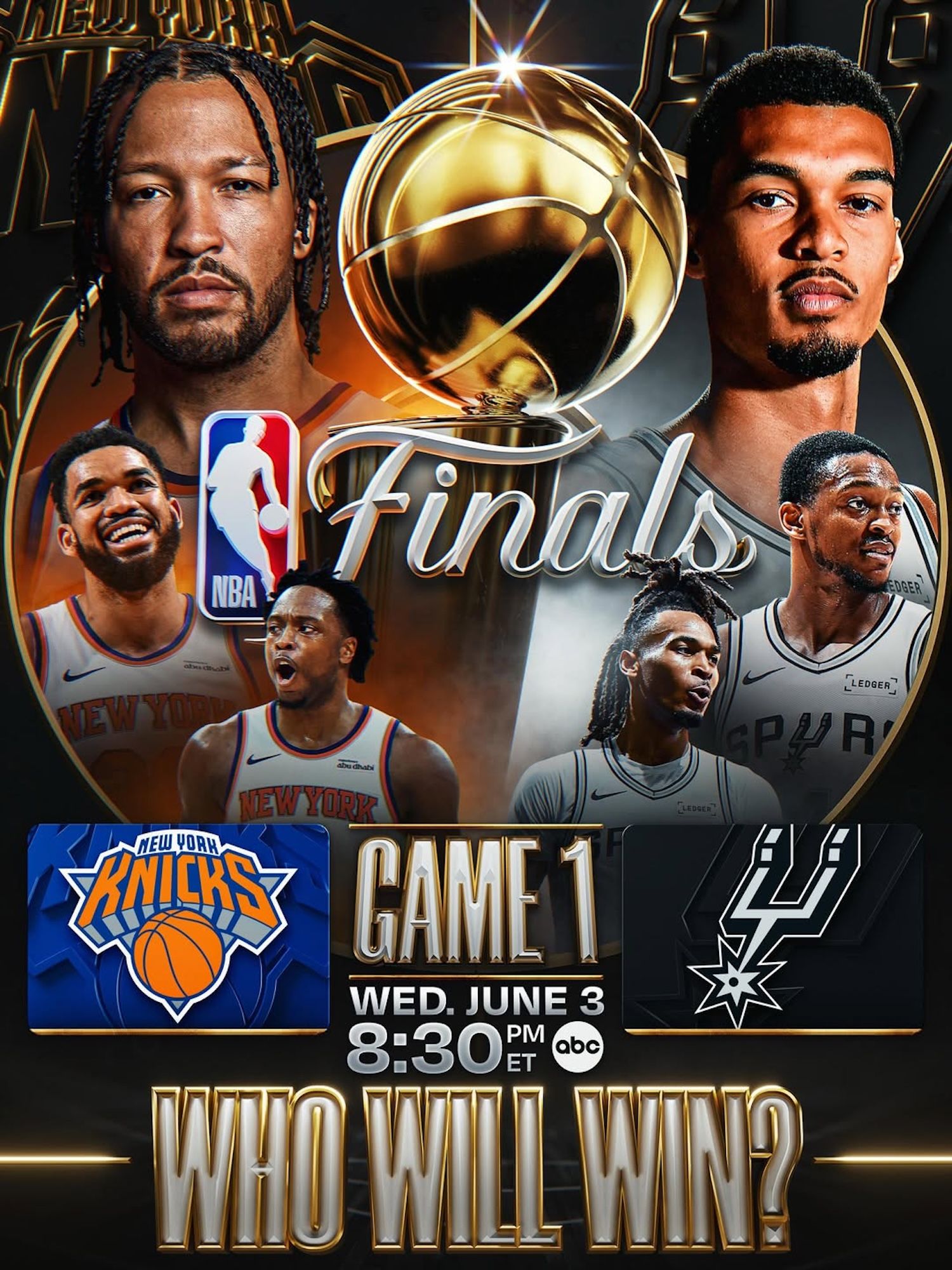 New York Knicks vs. San Antonio Spurs Game 1 2026 NBA Finals Flyer.