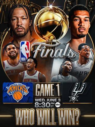 New York Knicks vs. San Antonio Spurs Game 1 2026 NBA Finals Flyer.