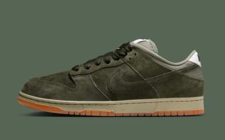 Lateral angle of the Nike SB Dunk Low Pro B in a "Sequoia/Oil Green" color scheme.