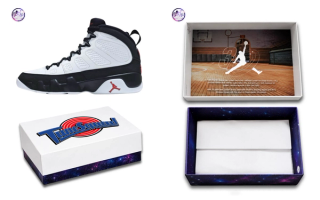 Expected packaging for the Air Jordan 9 "Space Jam" Retro (SKU: IX6179-100). Photo via X user @zSneakerHeadz.