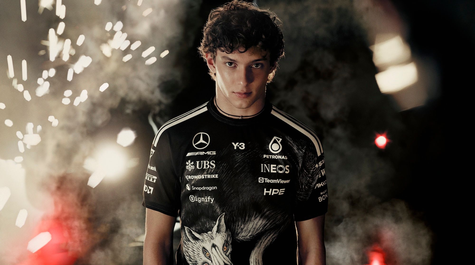 adidas Y-3 collaboration with Mercedes-AMG PETRONAS F1, featuring a wolf graphic on the front.