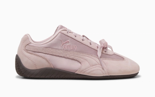 Women's PUMA Speedcat Etoile ballet-inspired shoe in a "Misty Pink/Chocolate Fondue" color scheme.