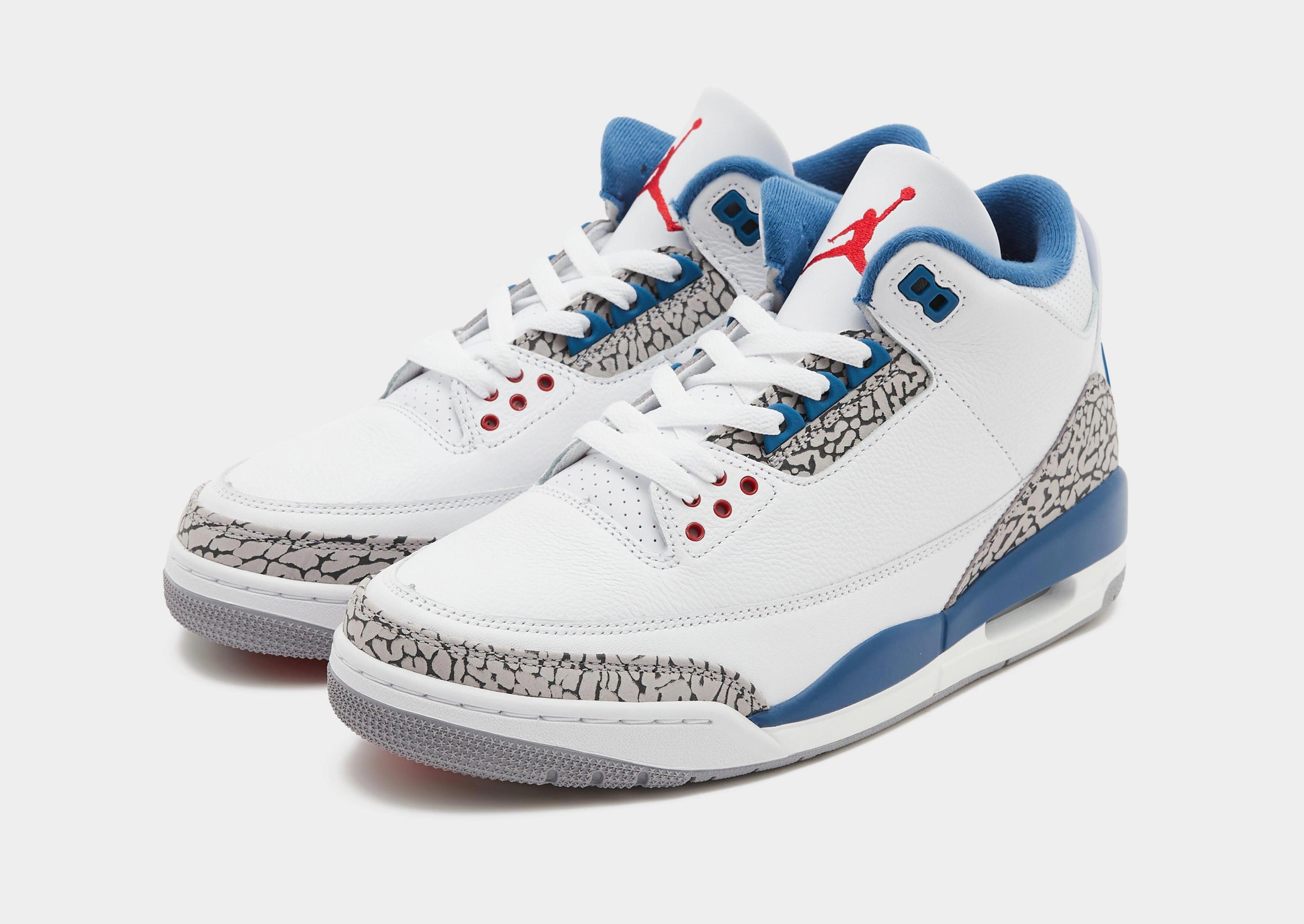 Air Jordan 3 Retro True Blue IF4396-104 hero image showing white leather upper with cement grey elephant print toe and True Blue accents