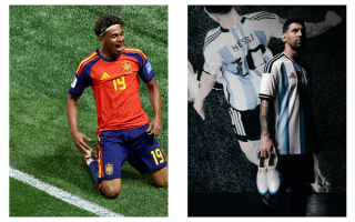 Spain's Lamine Yamal; Argentina's Lionel Messi. Photos via adidas.