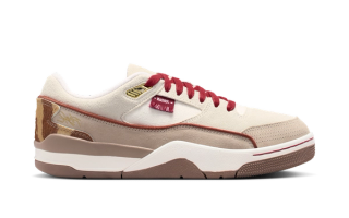 Women's Jordan Flight Court "Year of the Horse" (2026) in a "Sail/Sail/Dusty Peach/Metallic Gold" color scheme.