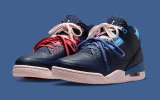 Air Jordan 3 "Sports Renaissance" retro clad in a "Obsidian/Track Red/Blue Beyond/Chalk" color scheme.
