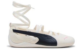 PUMA Speedcat in white suede by ROSÉ branded with "rosie" text.