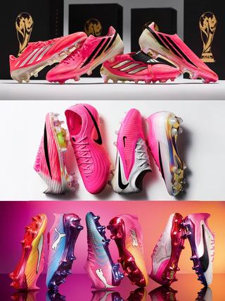 Pink-covered football boots by adidas, Nike & PUMA. Photos via Pro:Direct Soccer, Nike & PUMA