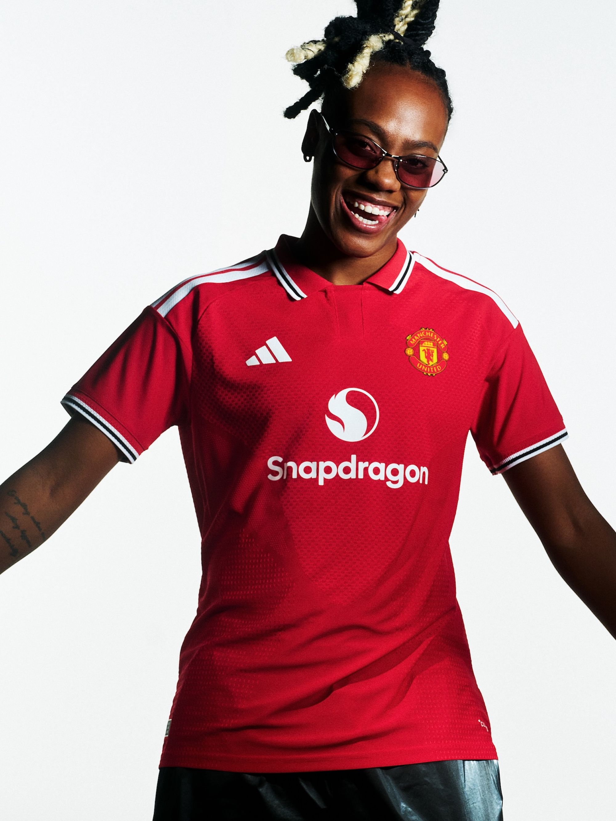 Melvine Malard for Manchester United 26/27 Home kit by adidas. Photo via adidas.