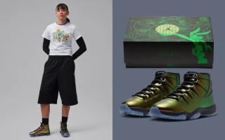 On-foot: Women's Space Jam-inspired Air Jordan 11 "Magic Ball" retro in an iridescent "Light British Tan/Off Noir/Metallic Silver" color scheme.