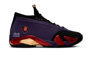 Speculative mock-up of the Air Jordan 14 Low "Bin23" retro in a "Purple Dynasty/Multi-Color" color scheme.