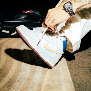 Lauri Haav wearing Beyond Store x Nike SB Dunk High "Lines That Never End" collaboration.