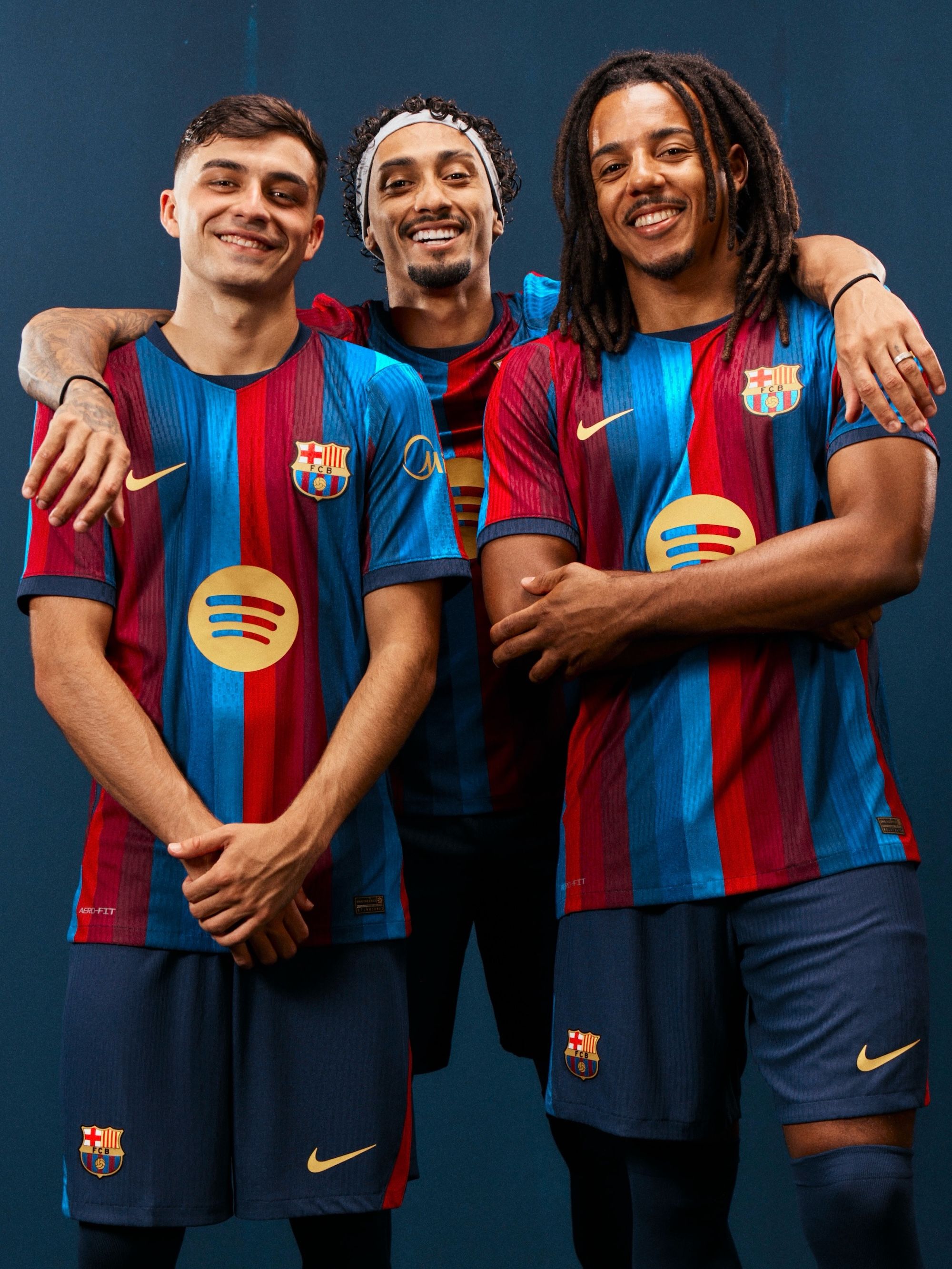 Pedri, Raphinha & Jules Koundé for FC Barcelona 26/27 Home Jersey. Photo via FC Barcelona.