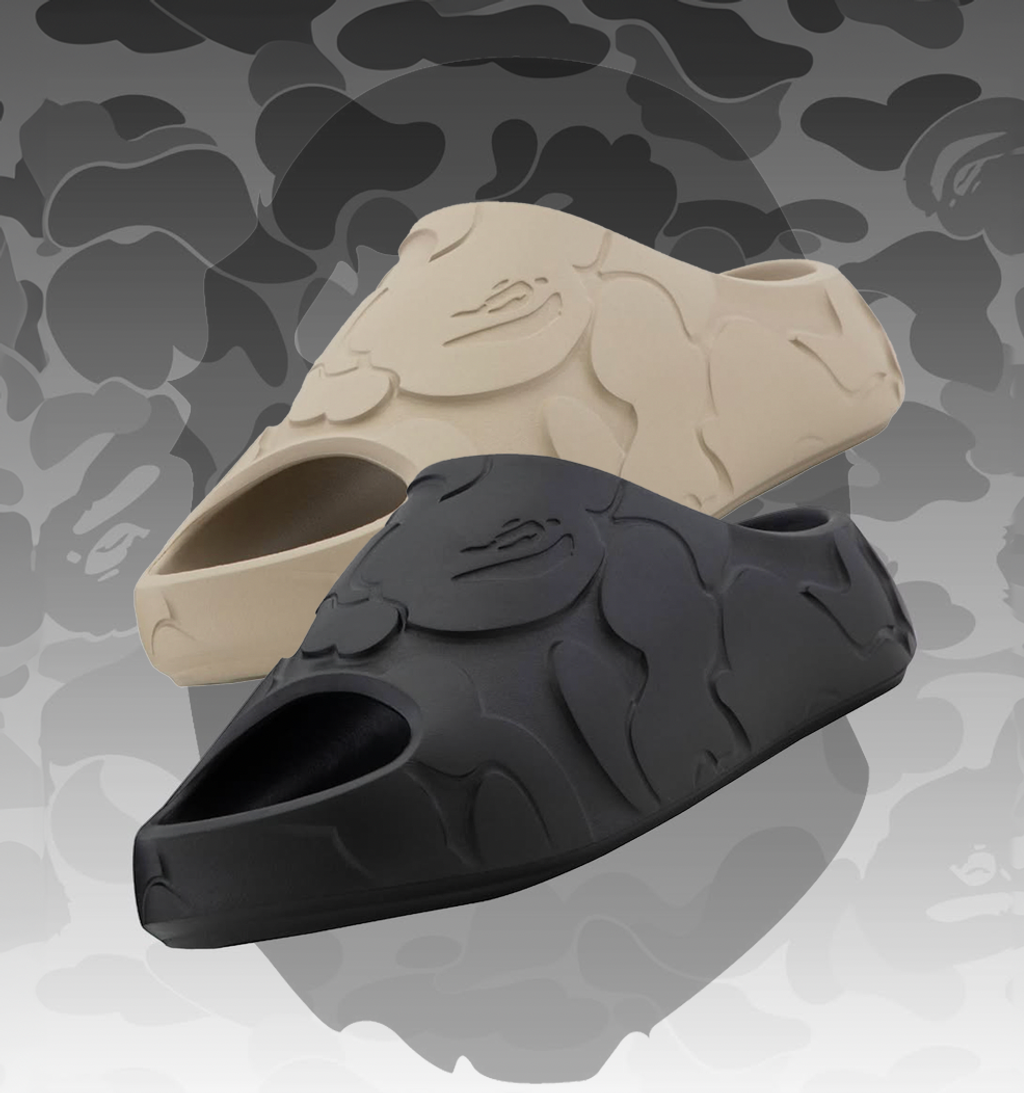 BAPE Camo Slides in signature camouflage print with ape head logo, releasing May 30