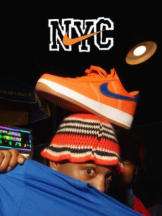 New York Knicks fan with the Knicks-inspired Nike NYC Air Force 1 in orange-and-blue.