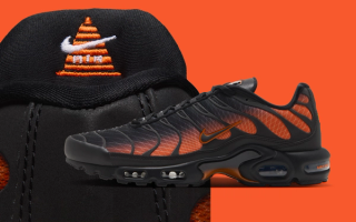 Nike Air Max Plus "Glasgow" in a "Black/Black/Safety Orange" color scheme.
