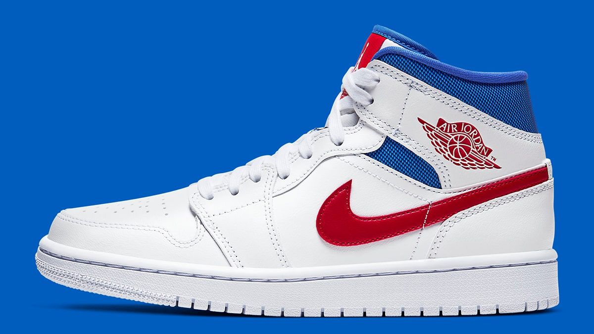 Red and white hot sale and blue jordans