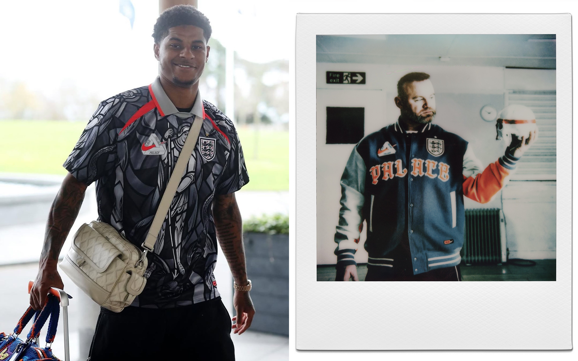 Marcus Rashford & Wayne Rooeny wearing apparel from the Palace x Nike x English Football Association pre-match fanwear collection for the 2026 World Cup™.