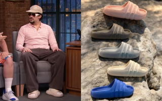Bad Bunny wearing unreleased adidas Originals Stone Slides on Late Night with Seth Meyers.