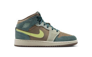 Big Kids' Air Jordan 1 Mid "We Outside" retro in a "Khaki/Hasta/Olive Grey/Light Lemon Twist" color scheme.