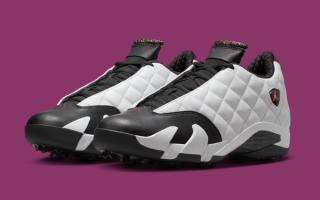 Air Jordan 14 Golf in a "White/Bordeaux/Black" color scheme.