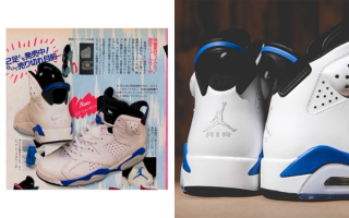 Japanese ad for original Air Jordan 6 "Sport Blue" release; Heel-shot of 2014 "Sport Blue" retro. Photos via HYPEBEAST, Wish, DeFY. New York.