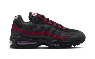 Nike Air Max 95 Big Bubble in a "Black/Team Crimson/Wolf Grey/Black" color scheme.
