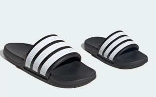 adidas Adilette Comfort 2.0 Slides "Black/White" in Adult & Kid's sizing (SKU: HP6999, KI5307). Photos via adidas.