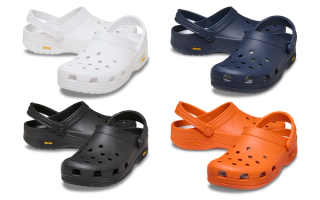Crocs EXP Classic Clog in four color schemes, featuring Vibram® outsoles. Photos via Crocs.