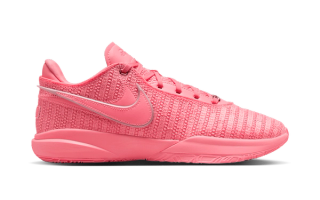 Nike LeBron 20 in a "Pink Glaze/Metallic Silver" color scheme.
