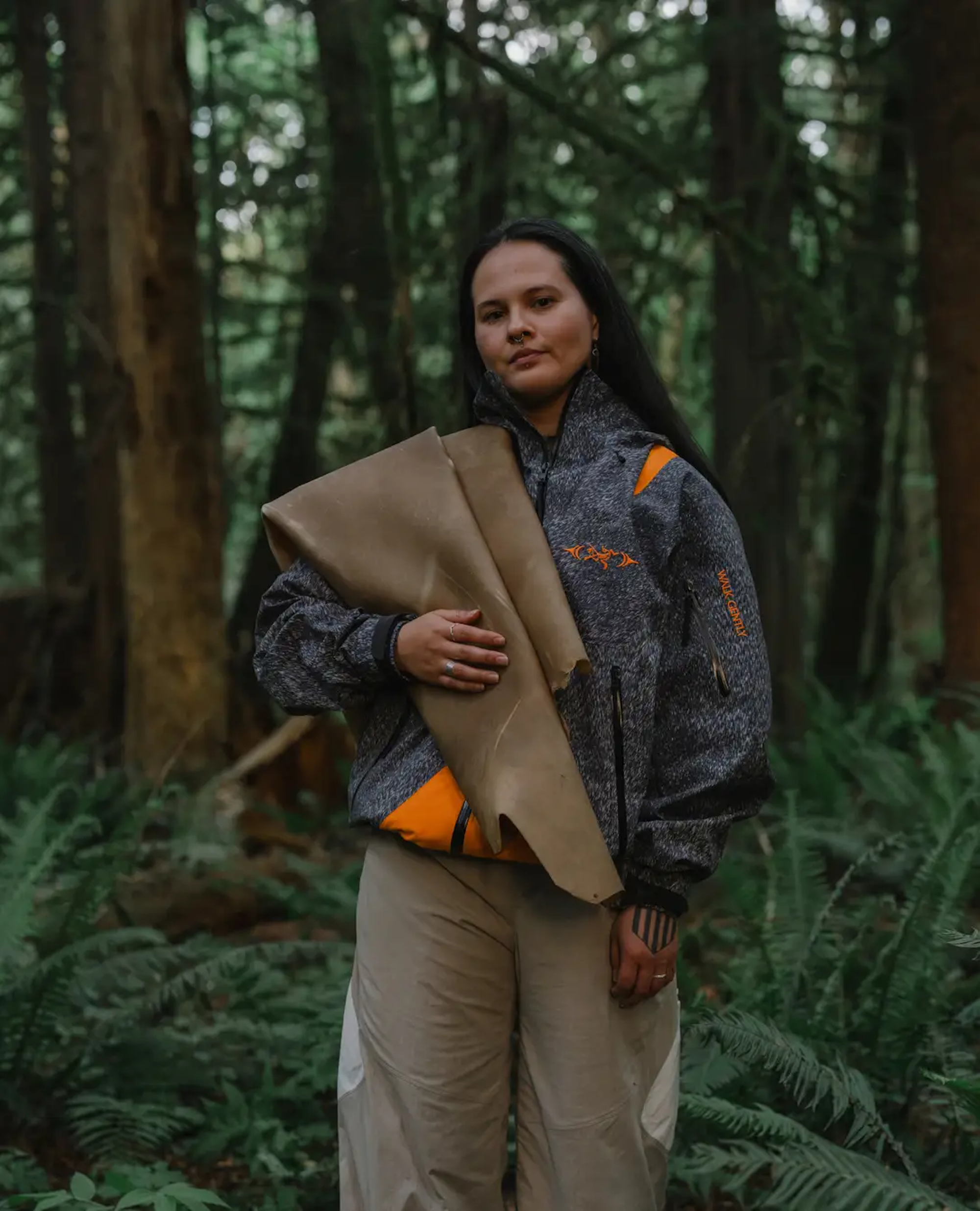 Sydney Frances Pascal of the Líl̓wat Nation in campaign photos of the Arc’teryx x Walk Gently 2026 "Salish Winter" Collection. Photo via Arc'teryx.