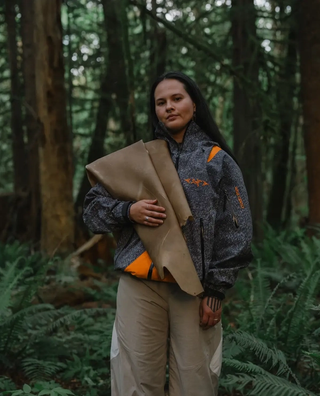 Sydney Frances Pascal of the Líl̓wat Nation in campaign photos of the Arc’teryx x Walk Gently 2026 "Salish Winter" Collection. Photo via Arc'teryx.