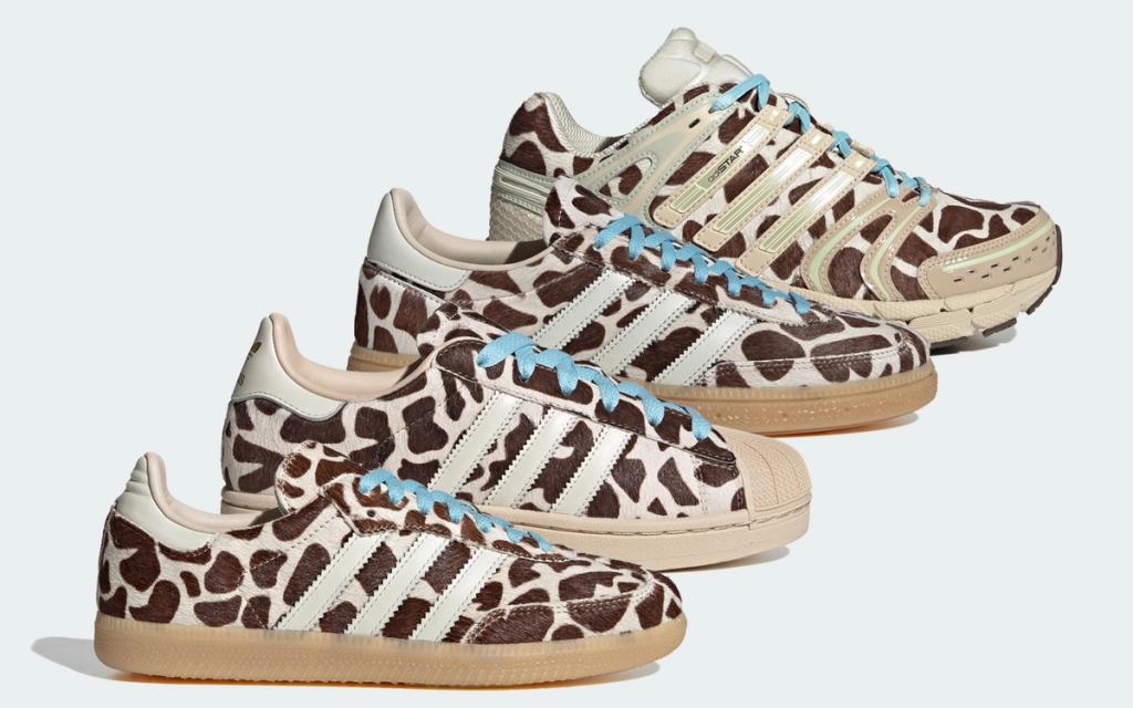 Adidas Superstar in cow print pattern across upper, showcasing animal print design treatment on classic three-stripe silhouette