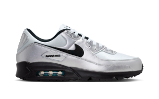 Nike Air Max 90 "Scorpion" big bubble pair in a silver-black-and-gamma-blue color scheme.