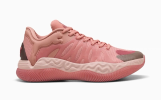 PUMA Hali 1 "Hibiscus" basketball shoe in a "Poppy Pink/Rose Dust" color scheme.