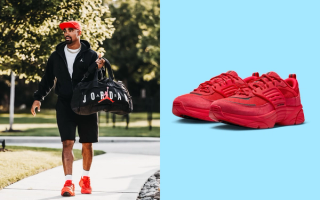 Jalen Hurts wearing the Jordan Trunner O/S sneaker in a tonal "University Red" color scheme.