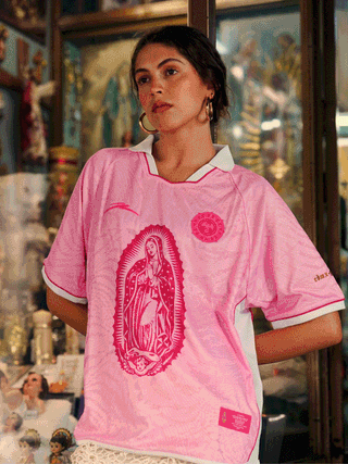 Atlética's three North America 2026 jerseys, including the pink La Guadalupana football shirt.