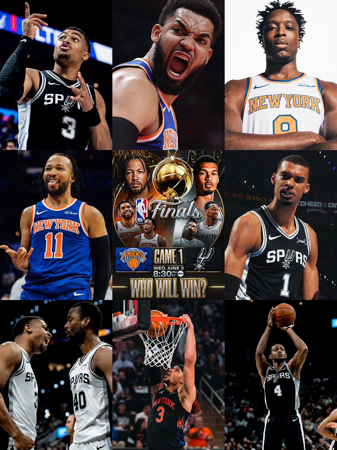 Nine rectangles featuring different images of the New York Knicks & San Antonio Spurs in time for the 2026 NBA Finals.