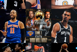 Nine rectangles featuring different images of the New York Knicks & San Antonio Spurs in time for the 2026 NBA Finals.