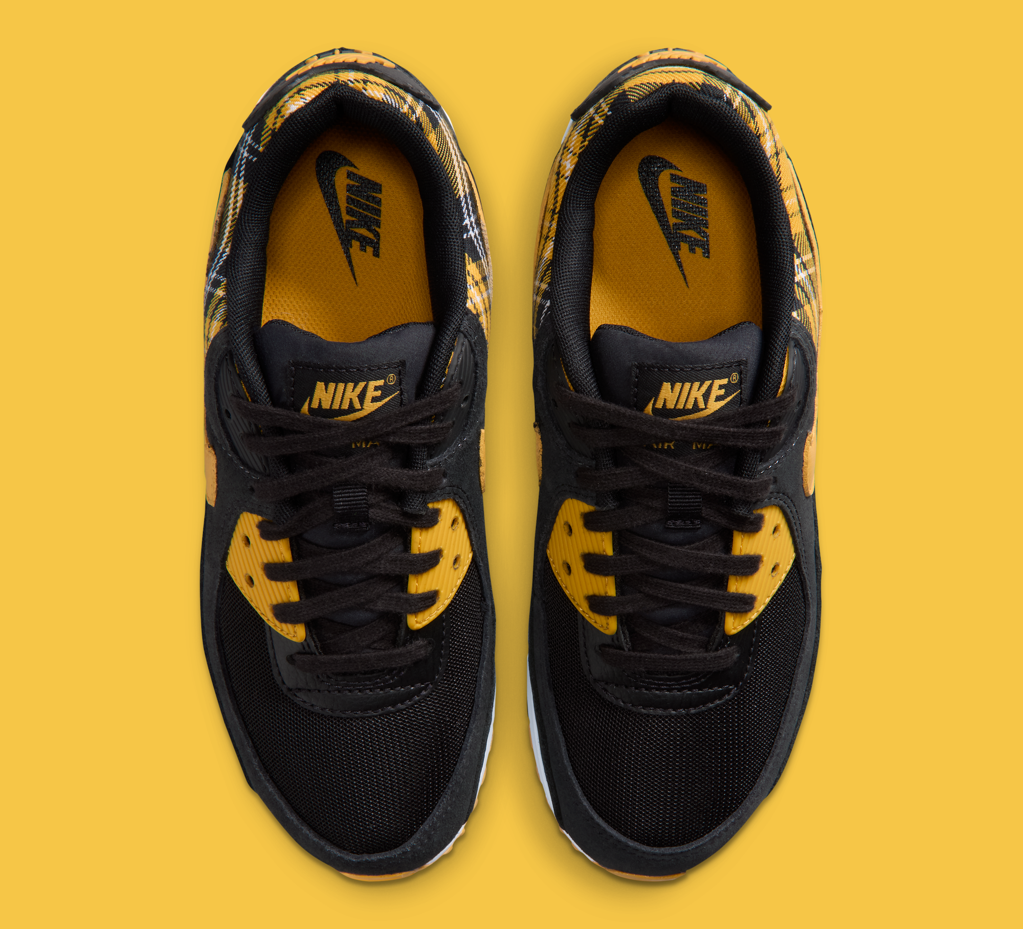 Nike Air Max 90 "Black/Yellow Ochre" (Plaid, Clueless, SKU: IR5598-001). Photo via Nike.
