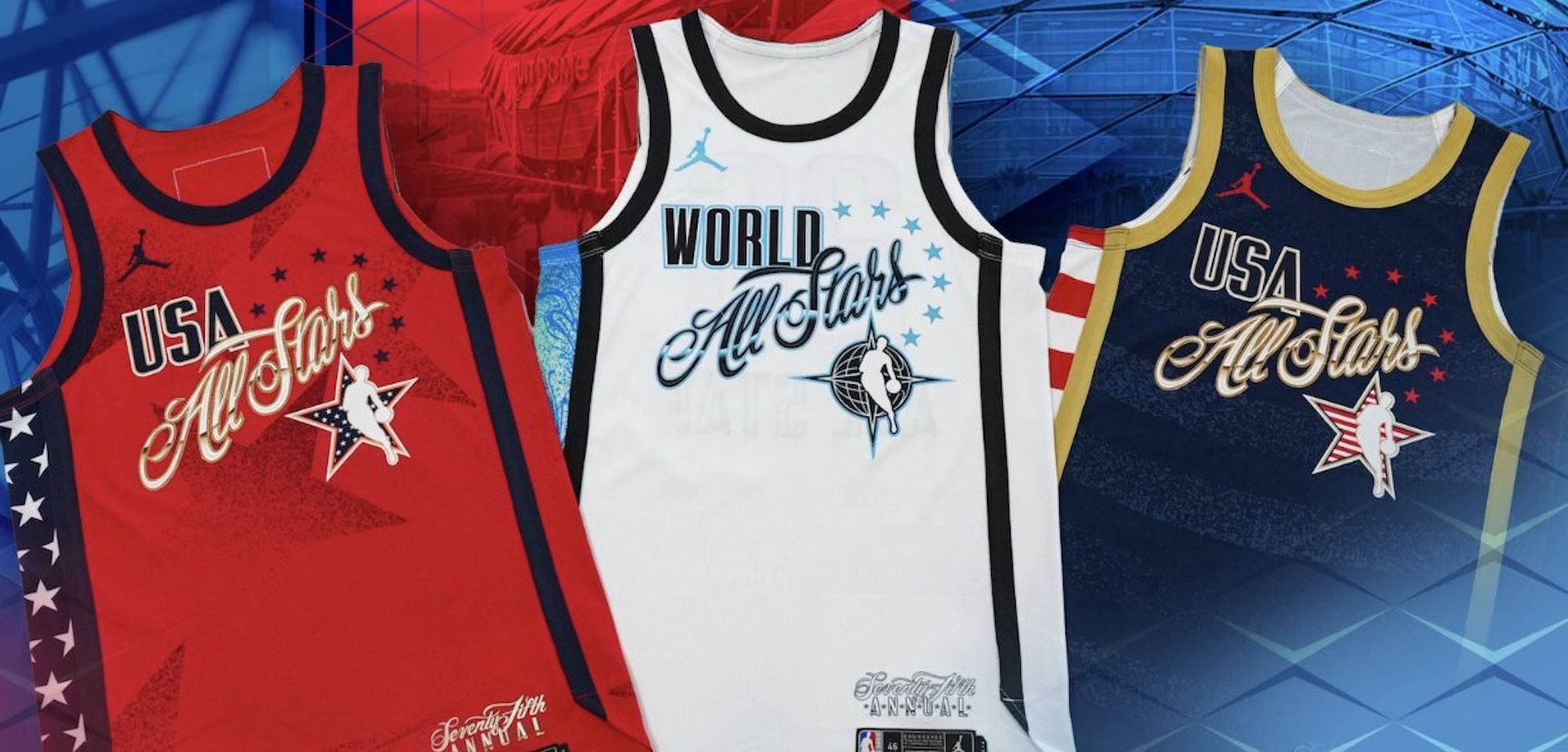 Jordan Brand's 2026 NBA All-Star Game Jerseys for the U.S. vs. World format.