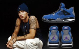 Speculative mock-up of the Eminem x Air Jordan 4 "Encore" retro in a "Blue Ribbon/Game Purple/Stealth/Black" color scheme. Mock-up via @zSneakerHeadz & Sneaker Files.