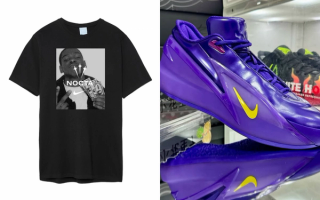 NOCTA's collaboration with Kevin Durant, including a Nike graphic t-shirt and a purple-and-yellow KD 19 basketball shoe.