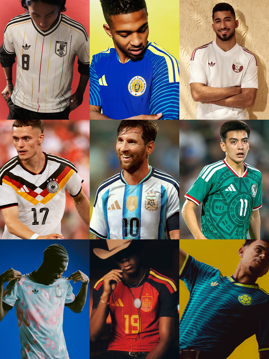 Nine different Home & Away jersey designs by adidas for the 2026 World Cup™—including Lionel Messi in Argentina's Home jersey, Gilberto Mora in Mexico's Home jersey & Lamine Yamal in Spain's Home jersey.