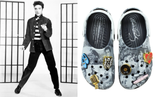 Elvis Presley in the movie Jailhouse Rock (1957) next to his Crocs Classic Clog collaboration,