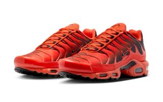 Nike Air Max Plus in a "Picante Red/Picante Red/Black" color scheme that evokes images of the Cincinnati Bengals.