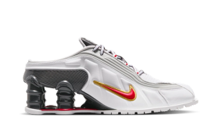 Martine Rose x Nike Shox MR4 "Metallic Platinum" collaboration.